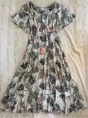 Anthropologie Label of Love Tropical Floral Tassel Tie Boho Maxi Dress Medium